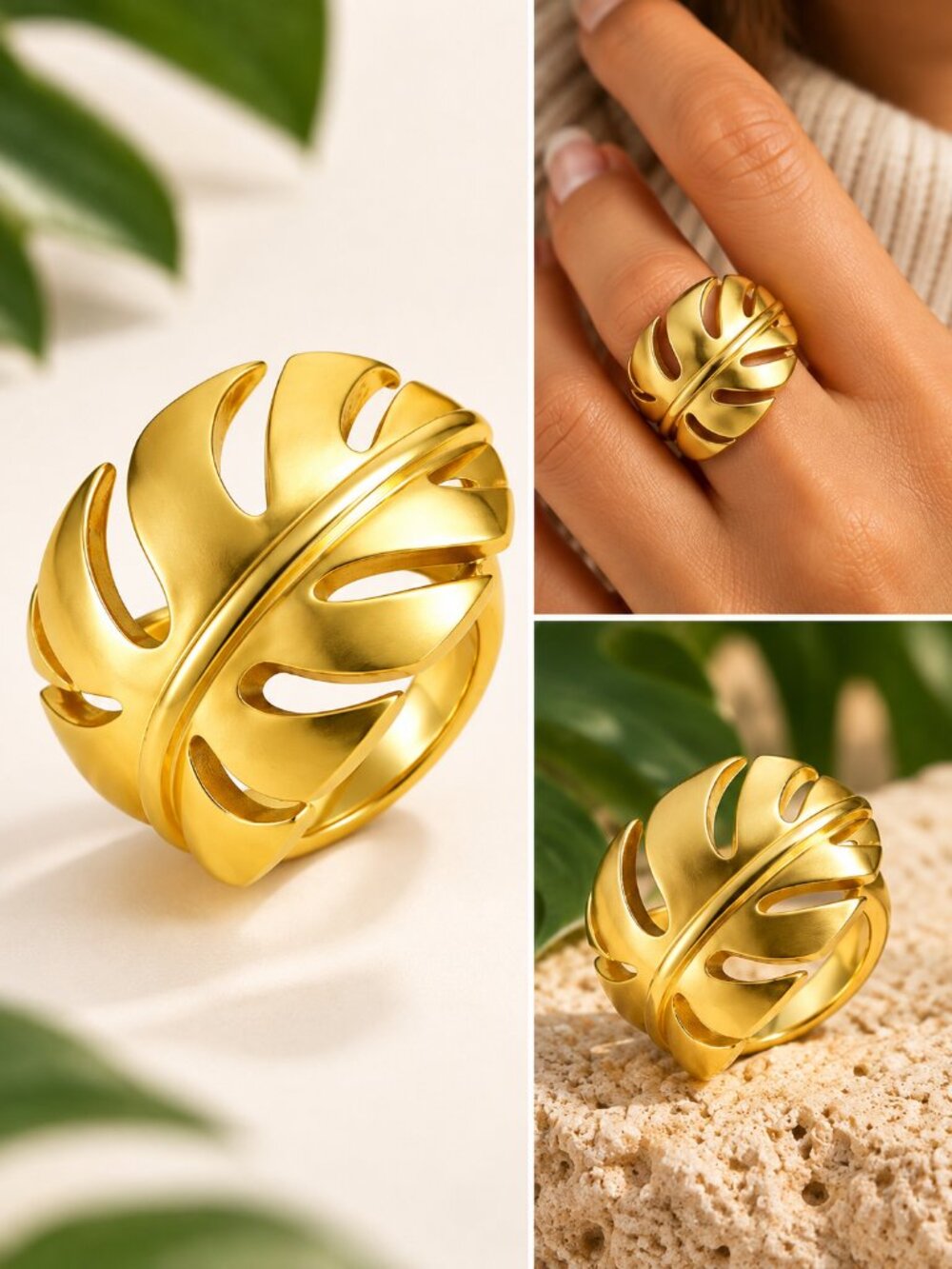 Gold Monstera Leaf Ring Size 7 304 Stainless Steel Tropical Statement Ring